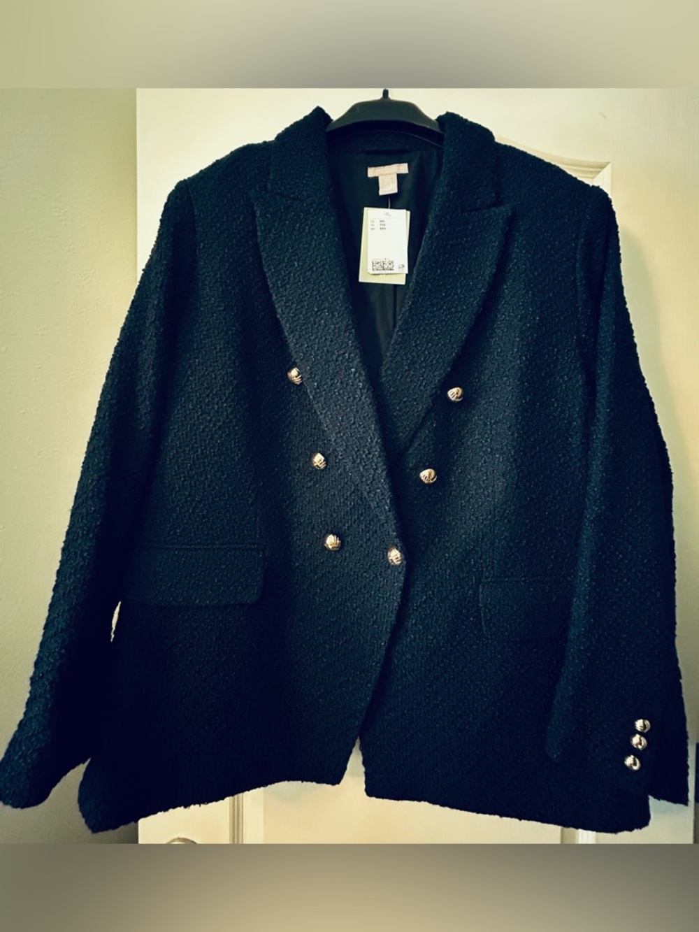 H&M Double-Breasted Dark Navy Bouclé Blazer - Lined - NEW